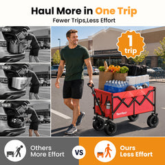 Terrfour 560LBS Collapsible Folding Wagon, Heavy Duty Utility Cart for Grocery, Shopping, Garden, Sports, Camping, Red